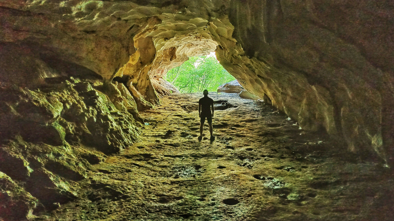 A human stands at the mouth of a cave, looking out towards the bright world.