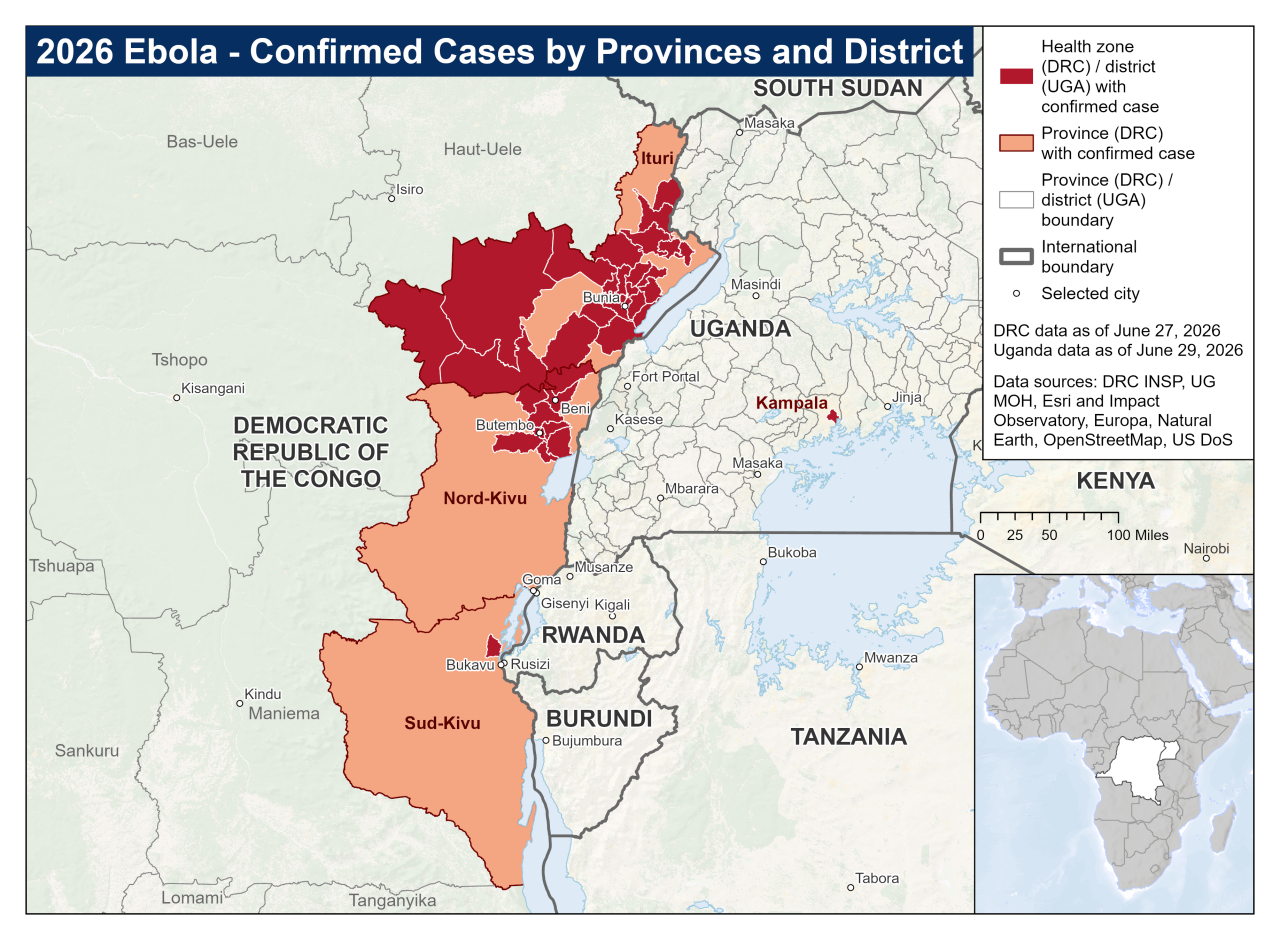 Map showing the distribution of ebola cases across eastern DRC and Uganda. Currently spans several provinces in DRC and has reached one health zone in Uganda.